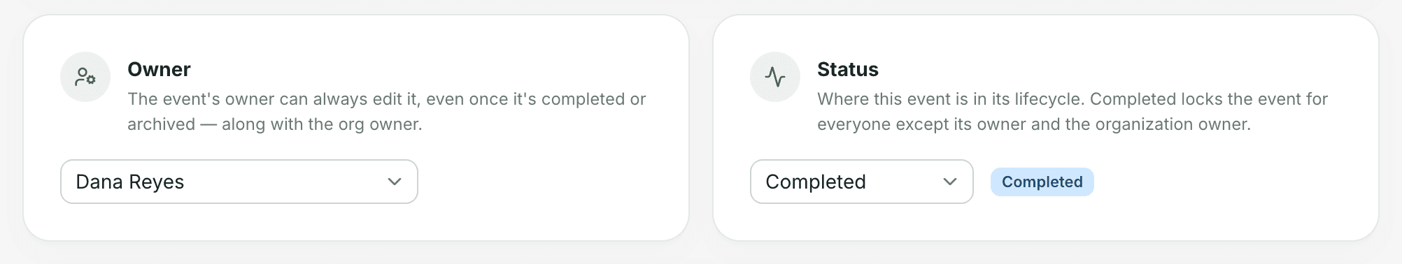 A Completed event's Settings tab: the Owner card shows Dana Reyes as the event's owner, and the Status card is set to Completed.