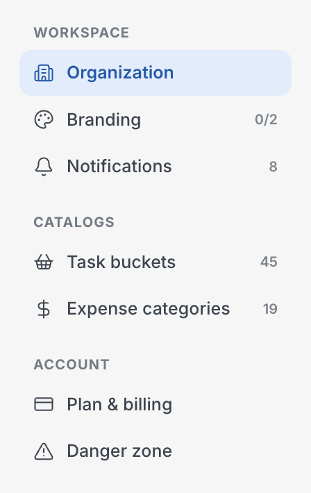 The Settings section list as an owner sees it: Organization, Branding and Notifications under Workspace; Task buckets and Expense categories under Catalogs; Plan & billing and Danger zone under Account.